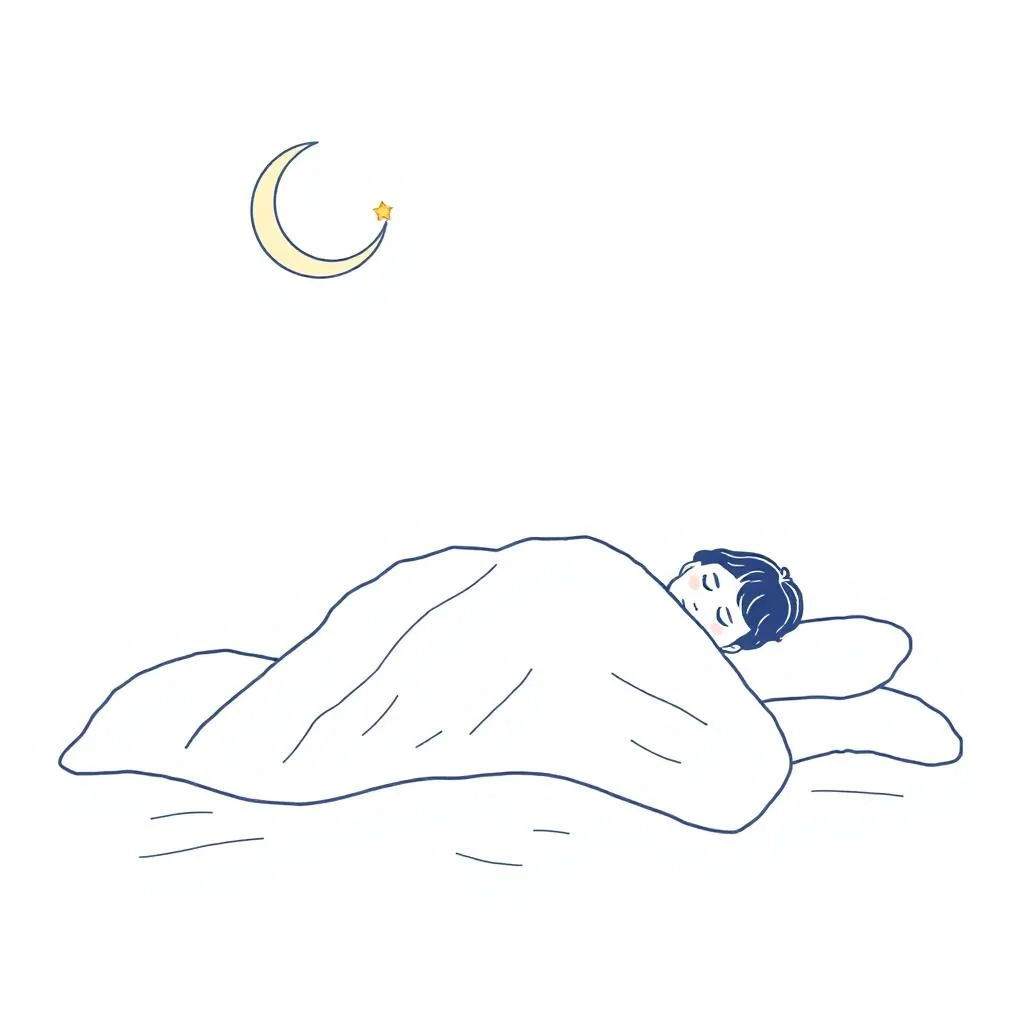 Illustrasjon av person som sover under mane — symbol på gode søvnrutiner