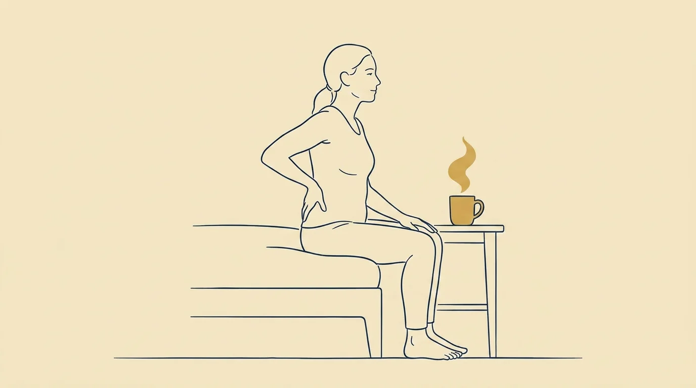 Rolig komposisjon med varm tekopp og et mykt teppe — symbol på hverdagsmestring ved fibromyalgi