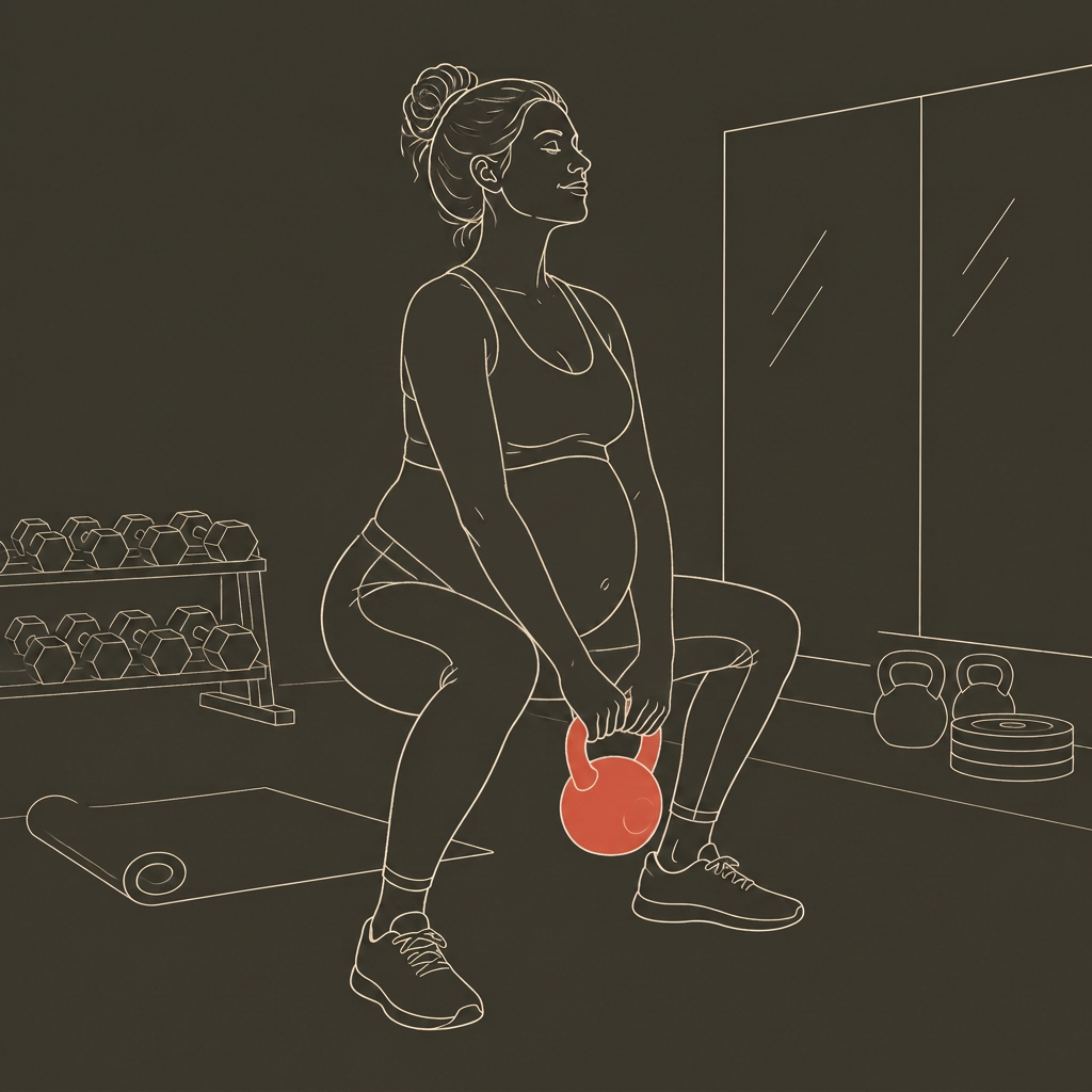 Line-art illustrasjon av gravid kvinne som trener med kettlebell i treningsstudio hos Torp&Co