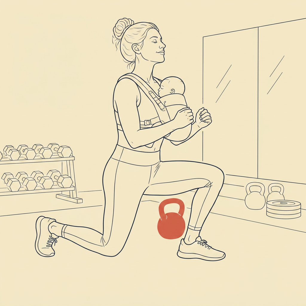 Line-art illustrasjon av mor i treningstøy med baby i bæresele som gjør utfall hos Torp&Co