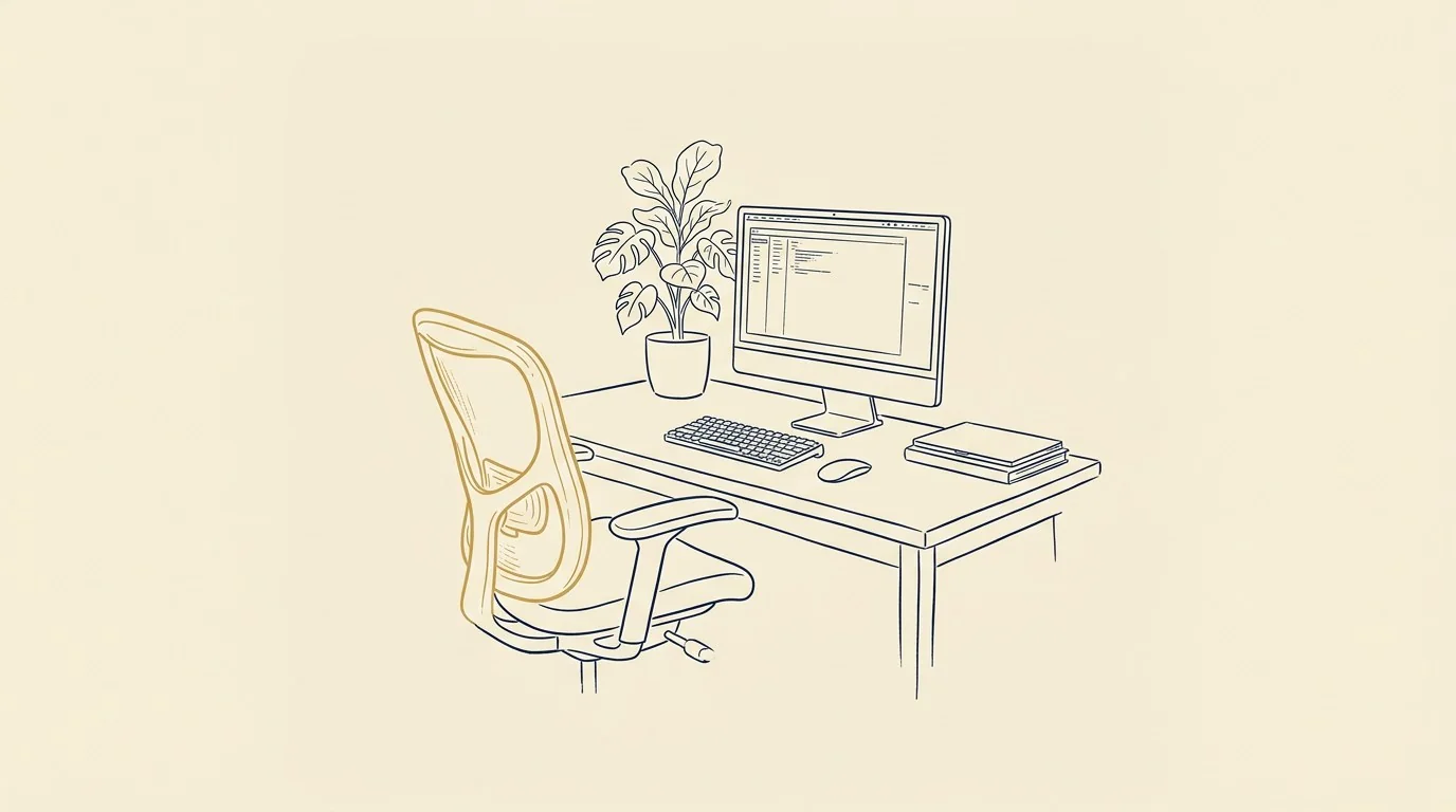 Ergonomisk hjemmekontor med god skjermhøyde og kontorstol