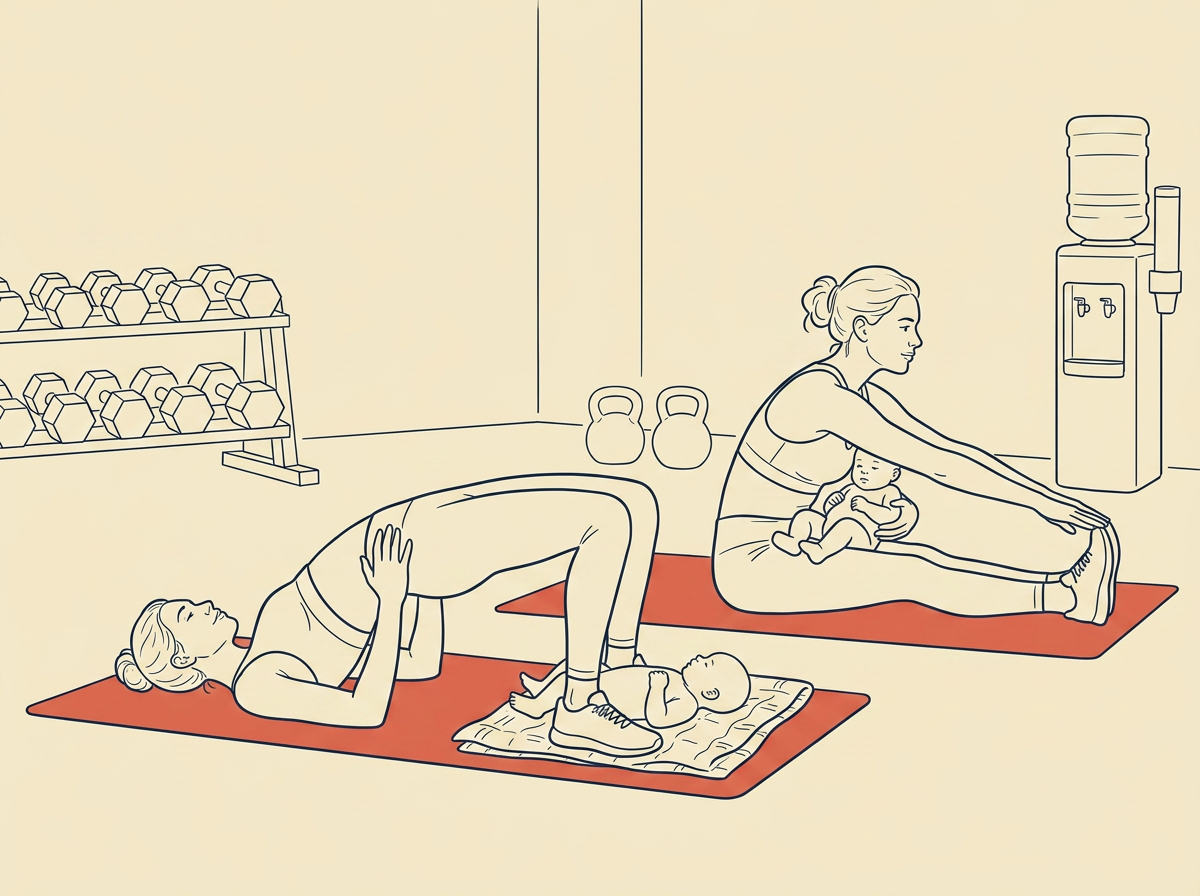 Line-art illustrasjon av to nybakte mødre som trener på matter med babyene sine i gruppetime hos Torp&Co