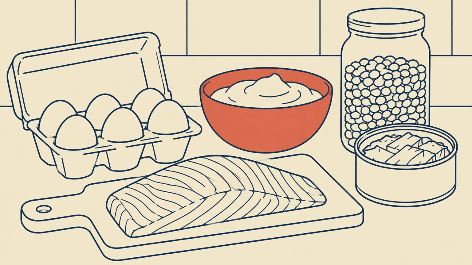 Egg, skyr, laks, tunfisk og linser på kjøkkenbenken